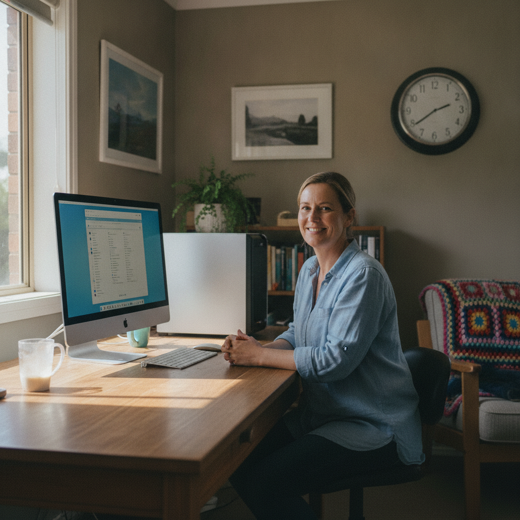 Professional computer clean-out in Terreel (2422) — a happy New South Wales resident at home with a spotless, fast, quiet machine