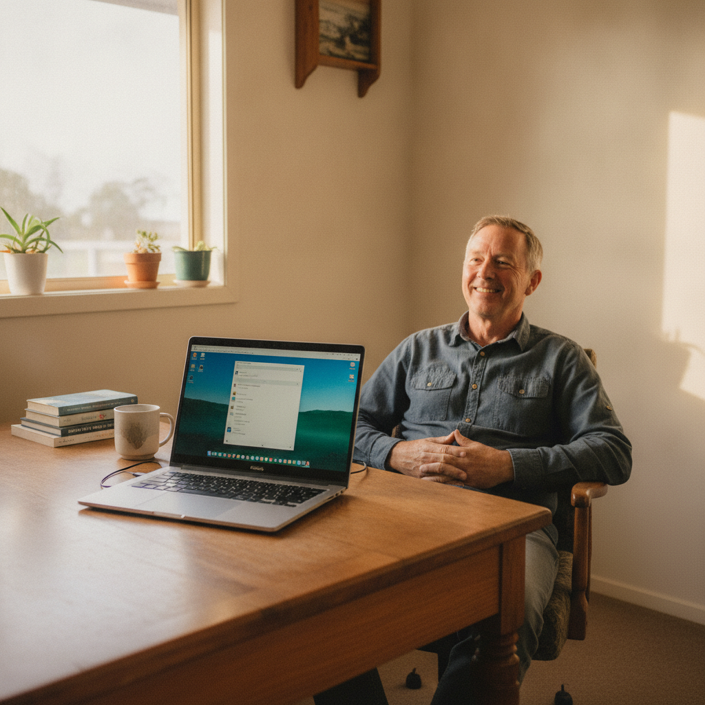 Professional computer clean-out in The Angle (2620) — a happy New South Wales resident at home with a spotless, fast, quiet machine