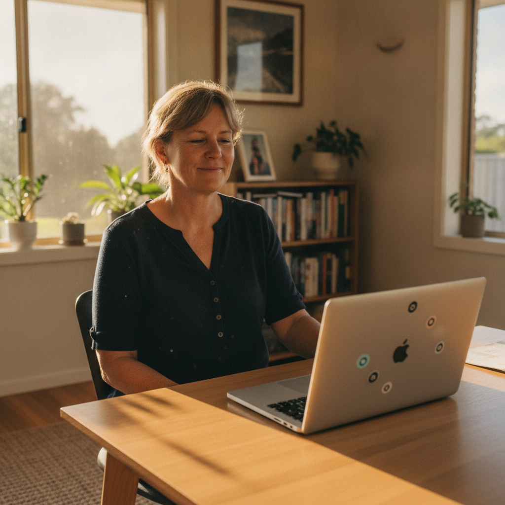 Professional computer clean-out in The Branch (2425) — a happy New South Wales resident at home with a spotless, fast, quiet machine