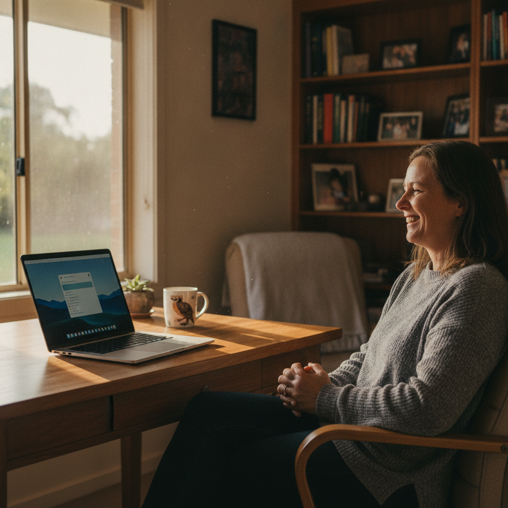 Professional computer clean-out in The Meadows (2787) — a happy New South Wales resident at home with a spotless, fast, quiet machine