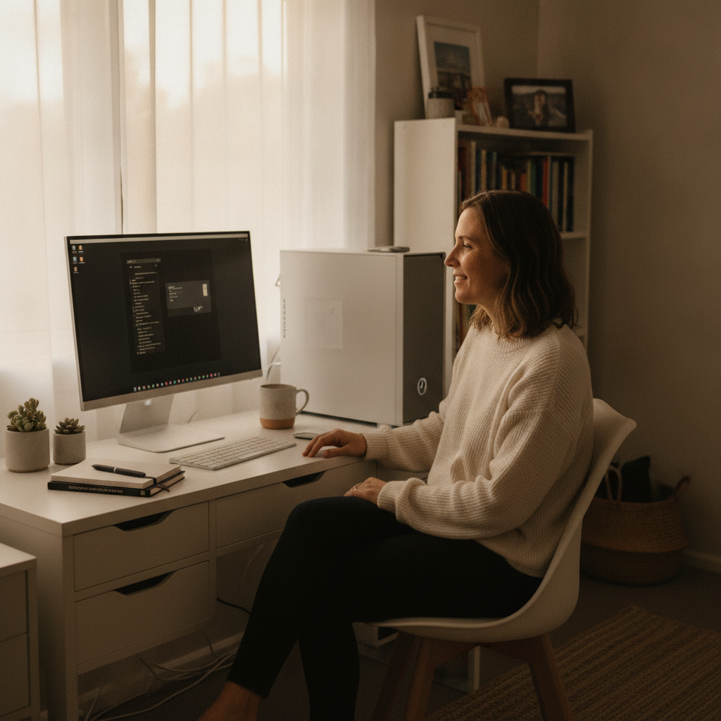 Professional computer clean-out in Tiona (2428) — a happy New South Wales resident at home with a spotless, fast, quiet machine