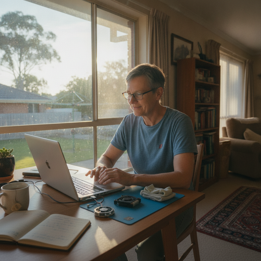 Computer cleaning in Tolland (2650) — a local resident at home with a clean, fast, dust-free computer running cool and quiet