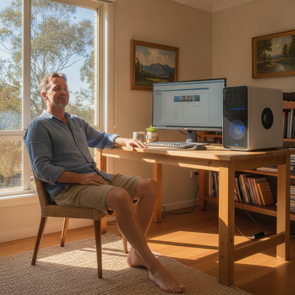 Professional computer clean-out in Tonderburine (2828) — a happy New South Wales resident at home with a spotless, fast, quiet machine