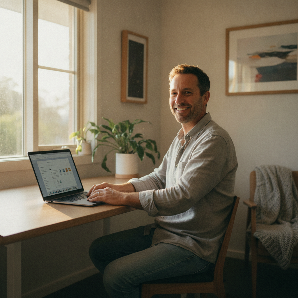 Professional computer clean-out in Trevallyn (7250) — a happy Tasmania resident at home with a spotless, fast, quiet machine