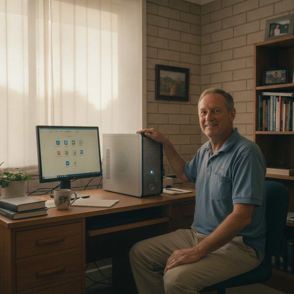 Professional computer clean-out in Tuncurry (2428) — a happy New South Wales resident at home with a spotless, fast, quiet machine