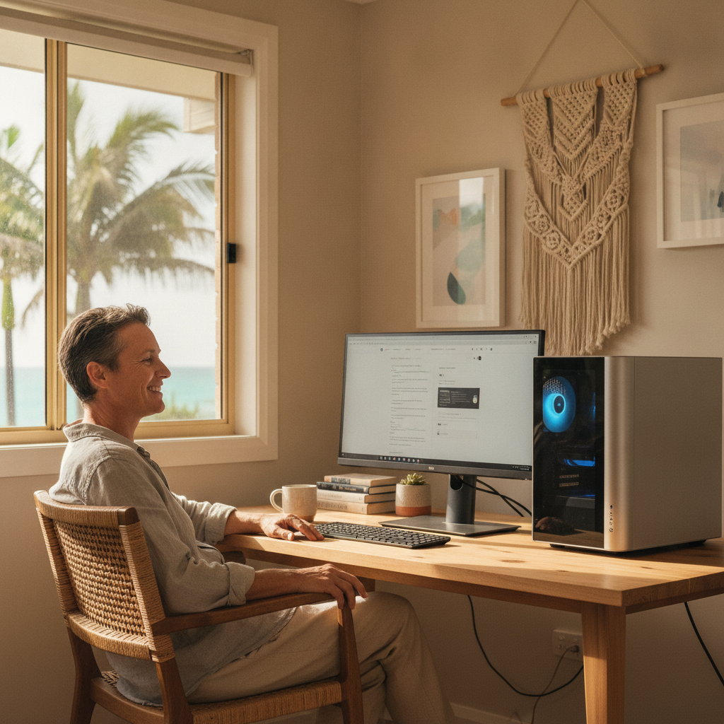 Professional computer clean-out in Tweed Heads South (2486) — a happy New South Wales resident at home with a spotless, fast, quiet machine