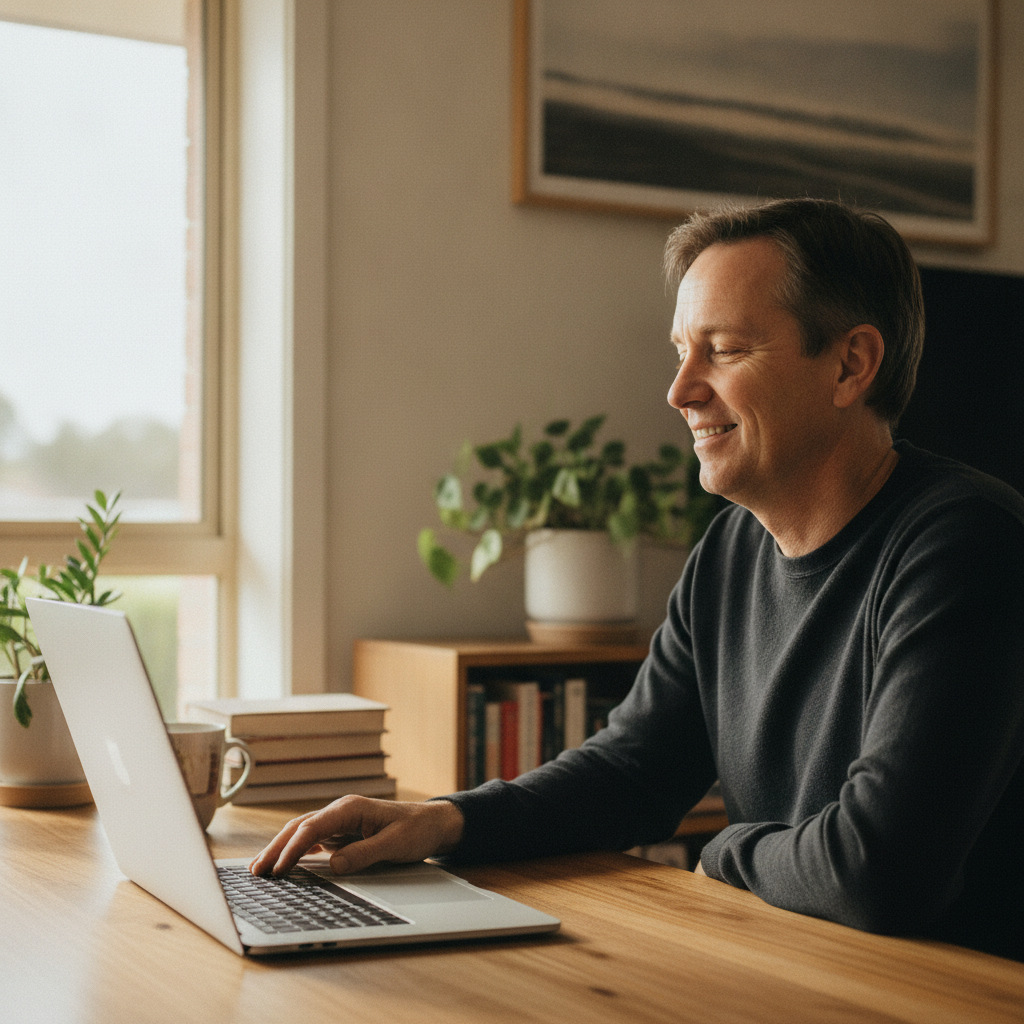 Professional computer clean-out in Twin Rivers (2410) — a happy New South Wales resident at home with a spotless, fast, quiet machine