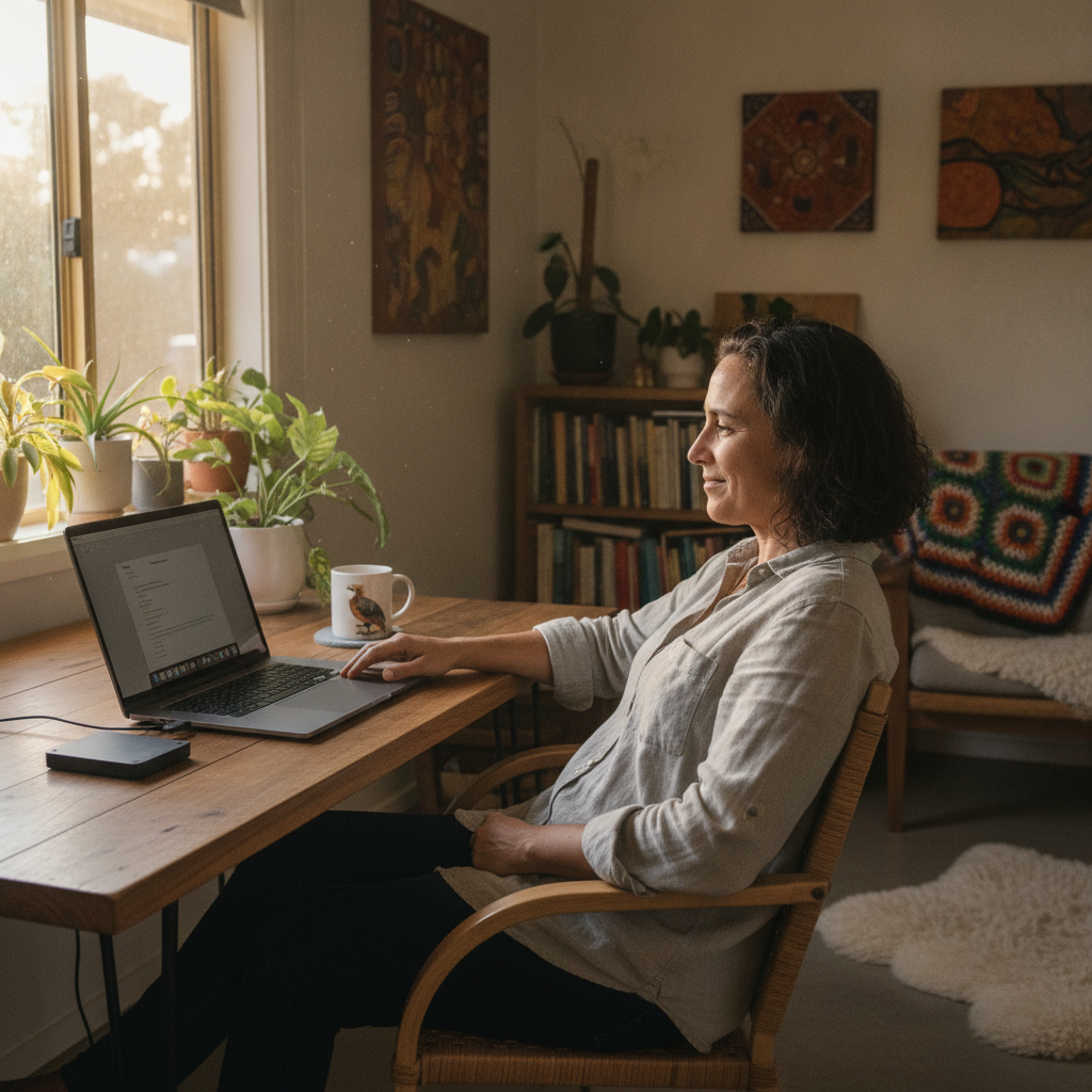 Professional computer clean-out in Uduc (6220) — a happy Western Australia resident at home with a spotless, fast, quiet machine