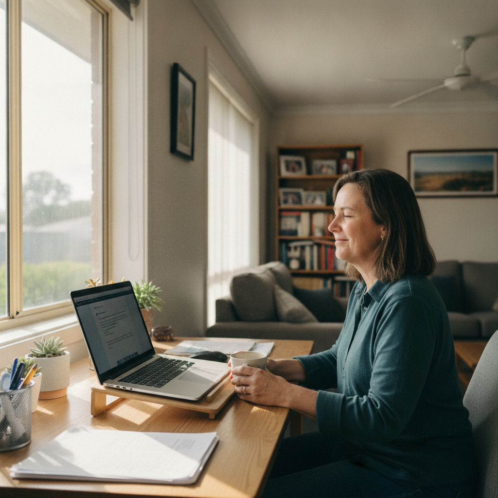 Professional computer clean-out in Unanderra (2526) — a happy New South Wales resident at home with a spotless, fast, quiet machine