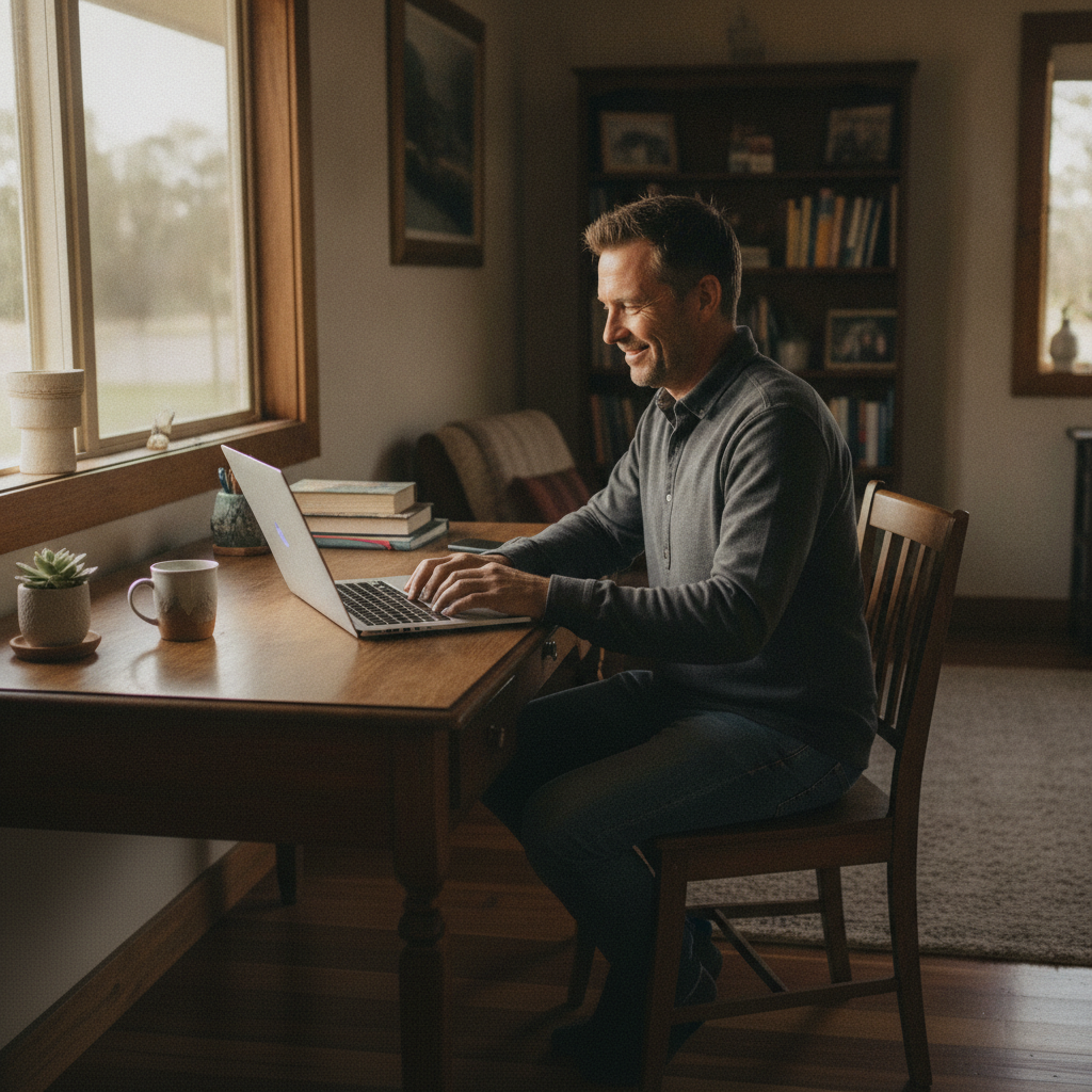 Professional computer clean-out in Upper Bylong (2849) — a happy New South Wales resident at home with a spotless, fast, quiet machine