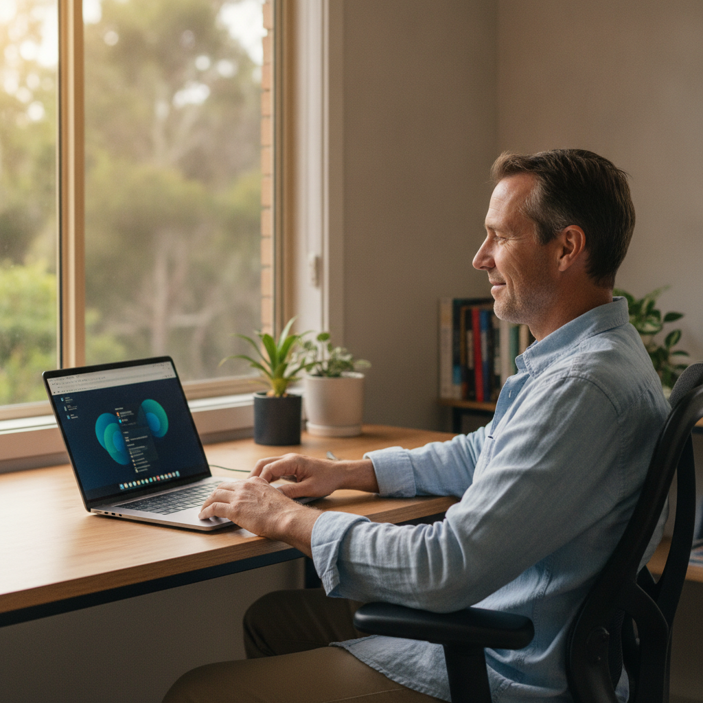 Professional computer clean-out in Upper Crystal Creek (2484) — a happy New South Wales resident at home with a spotless, fast, quiet machine