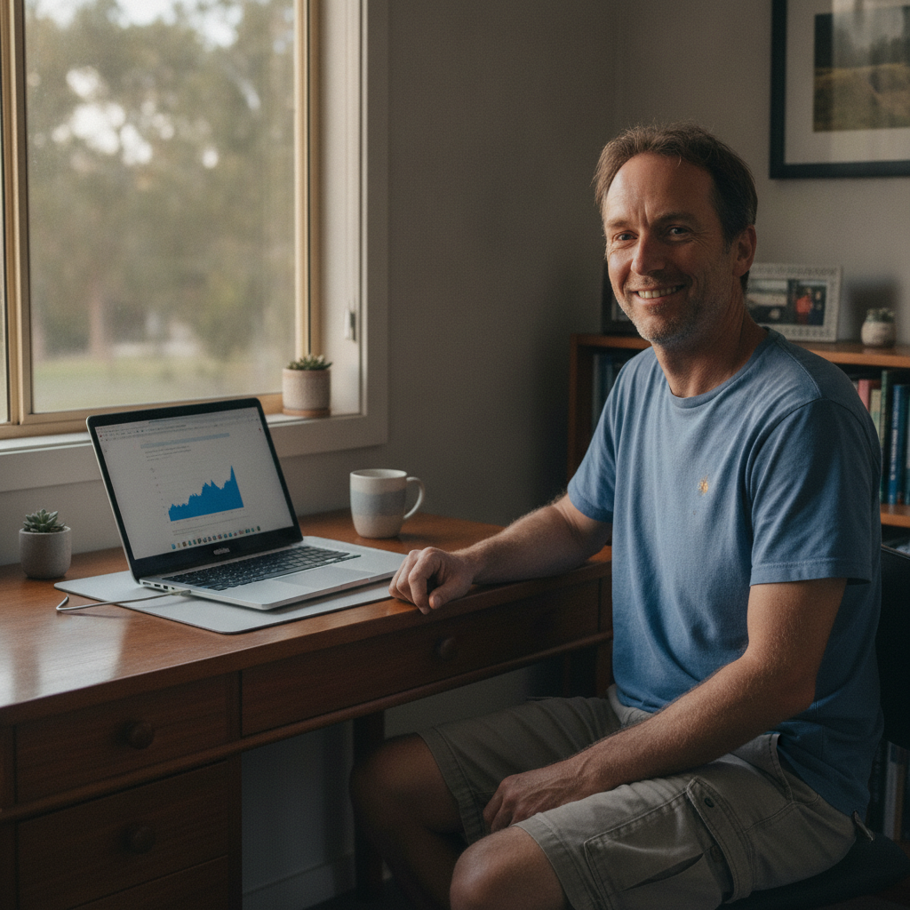 Professional computer clean-out in Upper Mongogarie (2470) — a happy New South Wales resident at home with a spotless, fast, quiet machine