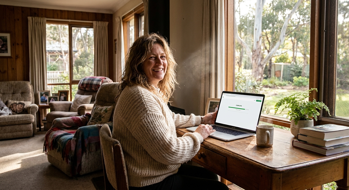 Professional computer clean-out in Upper Plenty (3756) — a happy Victoria resident at home with a spotless, fast, quiet machine