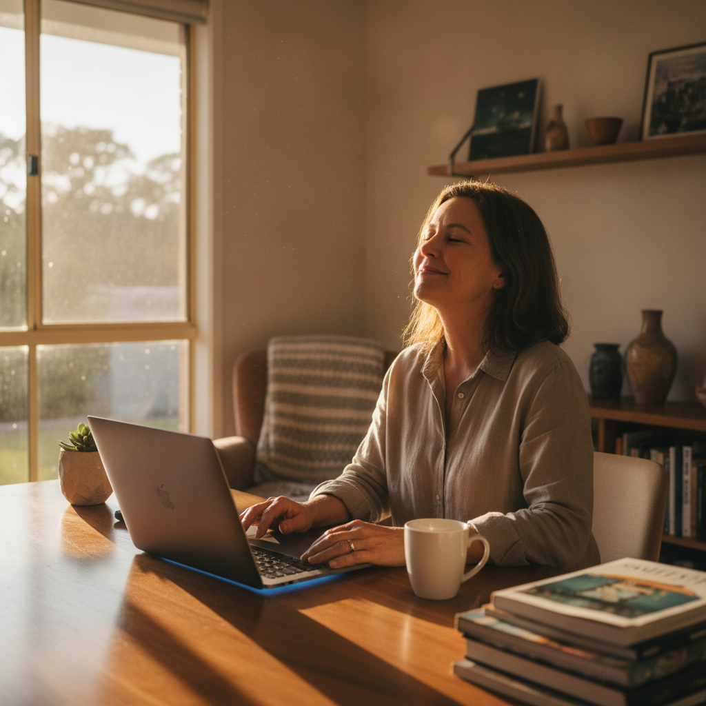 Professional computer clean-out in Urunga (2455) — a happy New South Wales resident at home with a spotless, fast, quiet machine