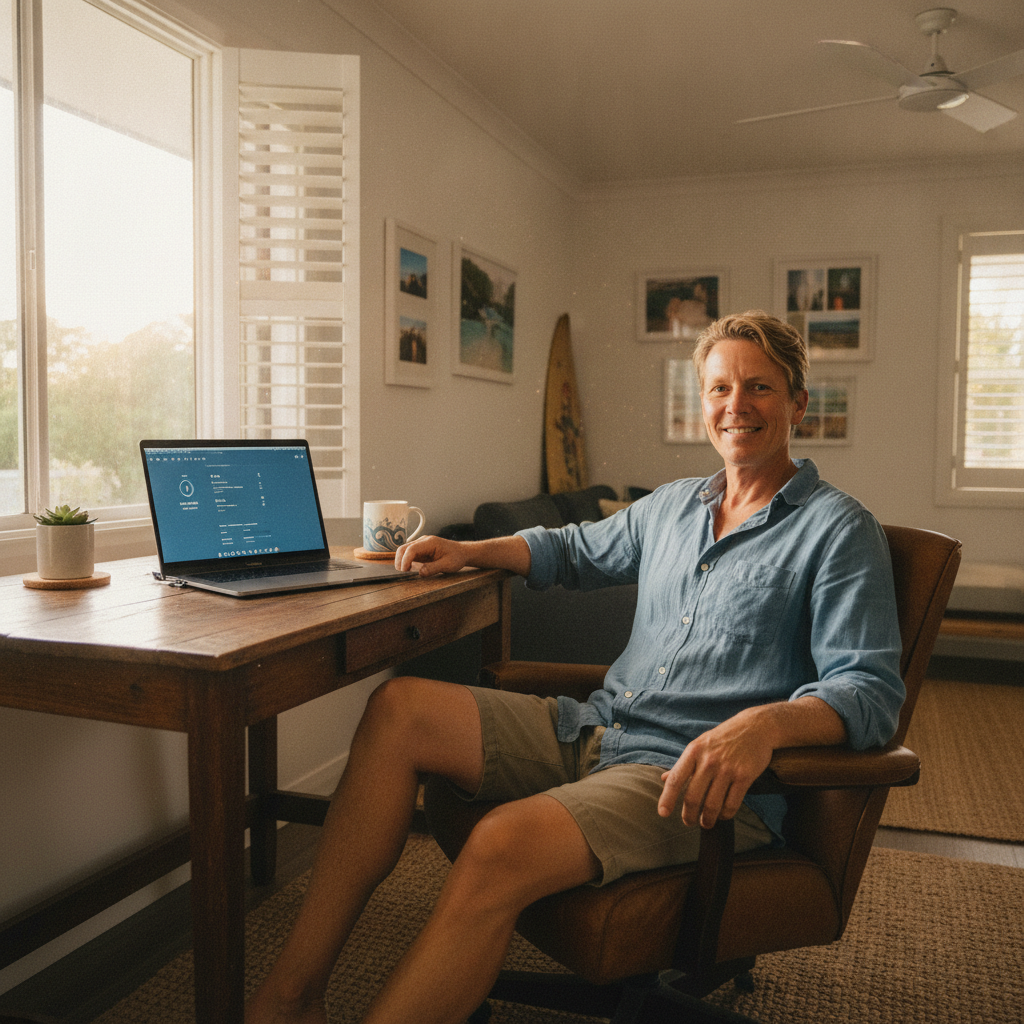 Professional computer clean-out in Valla Beach (2448) — a happy New South Wales resident at home with a spotless, fast, quiet machine