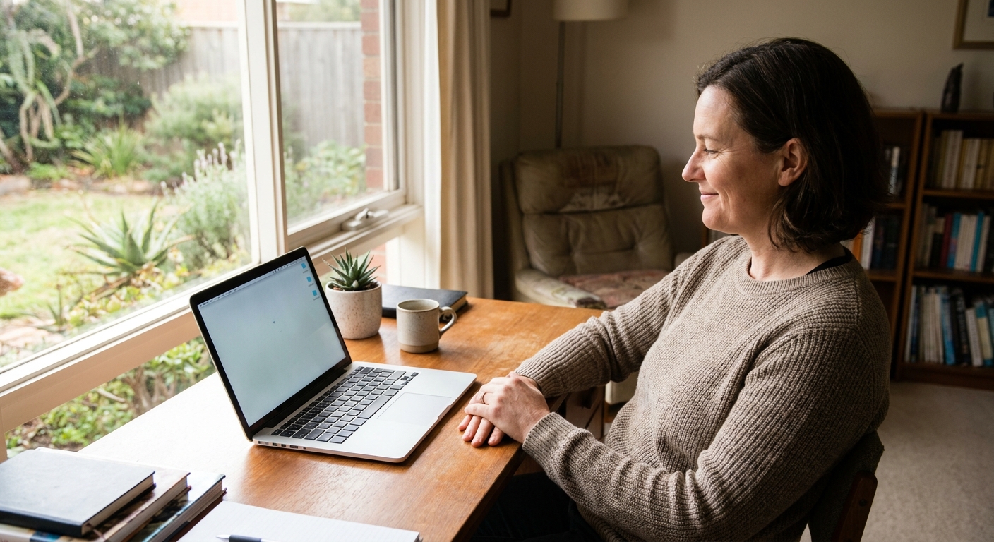 Professional computer clean-out in Vermont (3133) — a happy Victoria resident at home with a spotless, fast, quiet machine