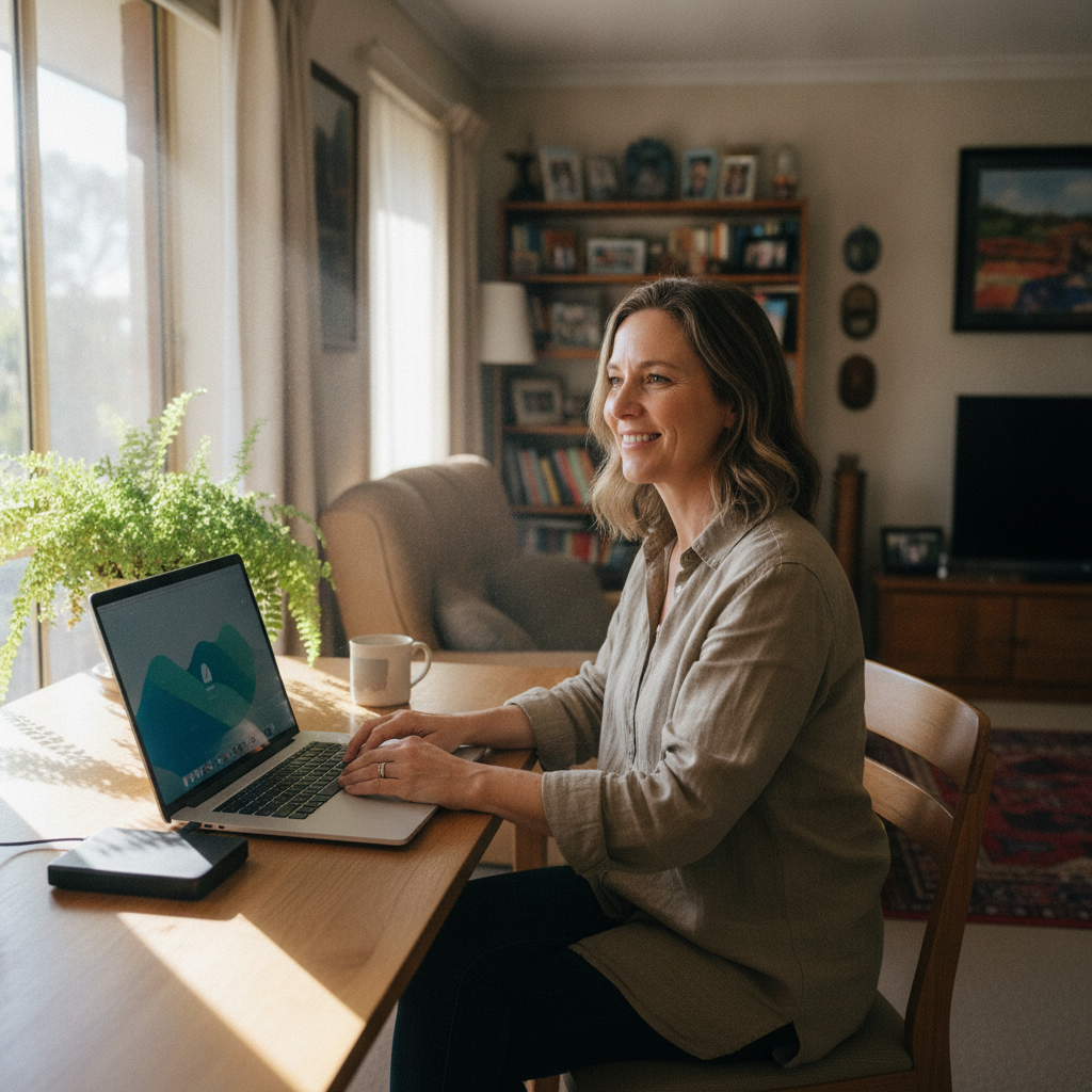 Professional computer clean-out in Victoria Park (6100) — a happy Western Australia resident at home with a spotless, fast, quiet machine