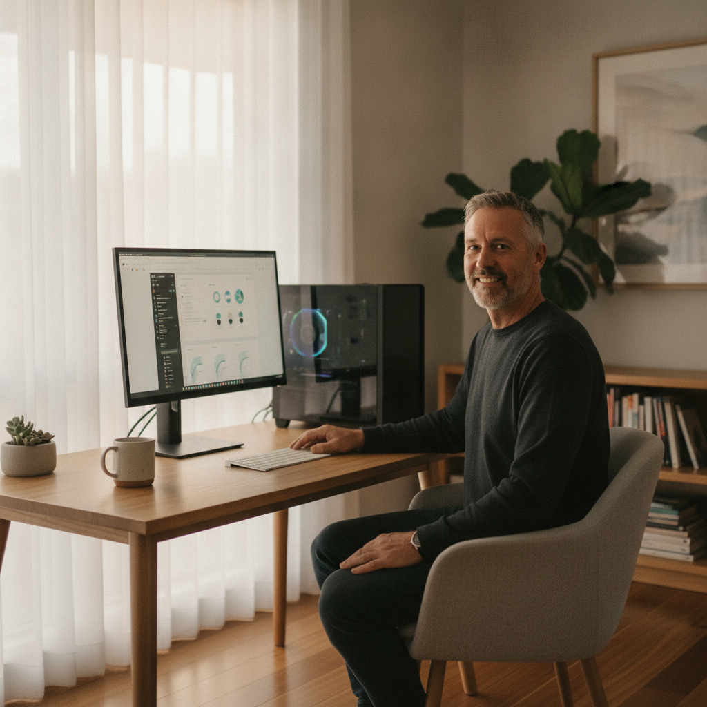 Professional computer clean-out in Vincentia (2540) — a happy New South Wales resident at home with a spotless, fast, quiet machine