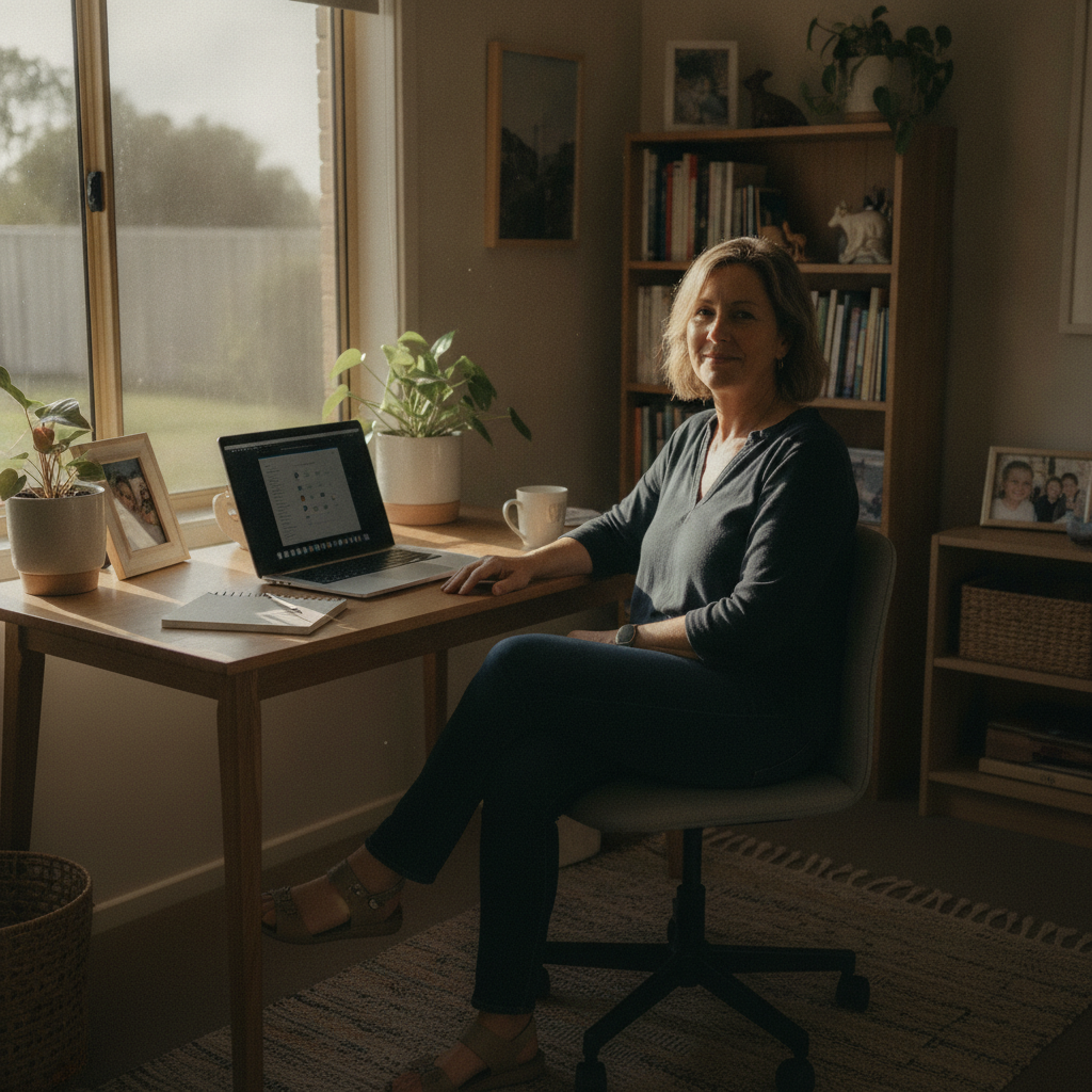 Professional computer clean-out in Vittoria (6230) — a happy Western Australia resident at home with a spotless, fast, quiet machine