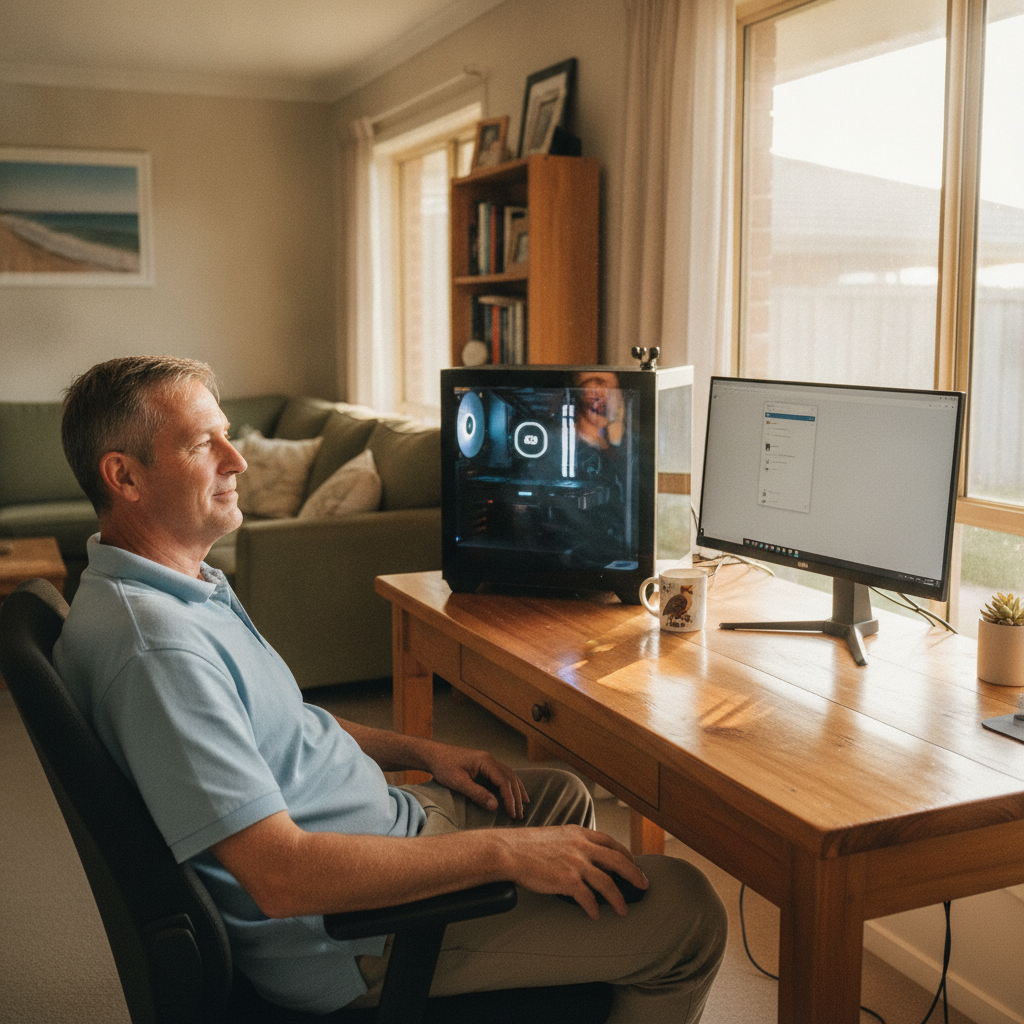 Professional computer clean-out in Wadalba (2259) — a happy New South Wales resident at home with a spotless, fast, quiet machine