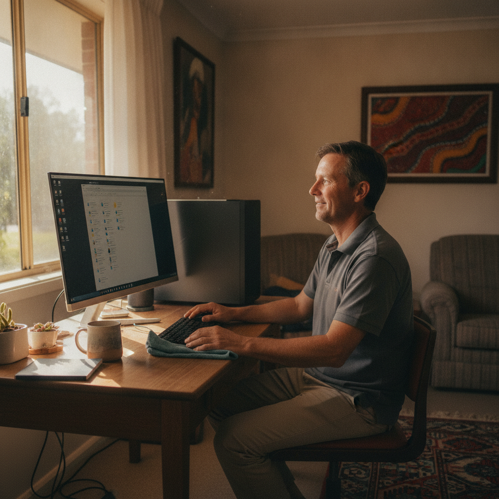 Professional computer clean-out in Wagragobilly (2722) — a happy New South Wales resident at home with a spotless, fast, quiet machine