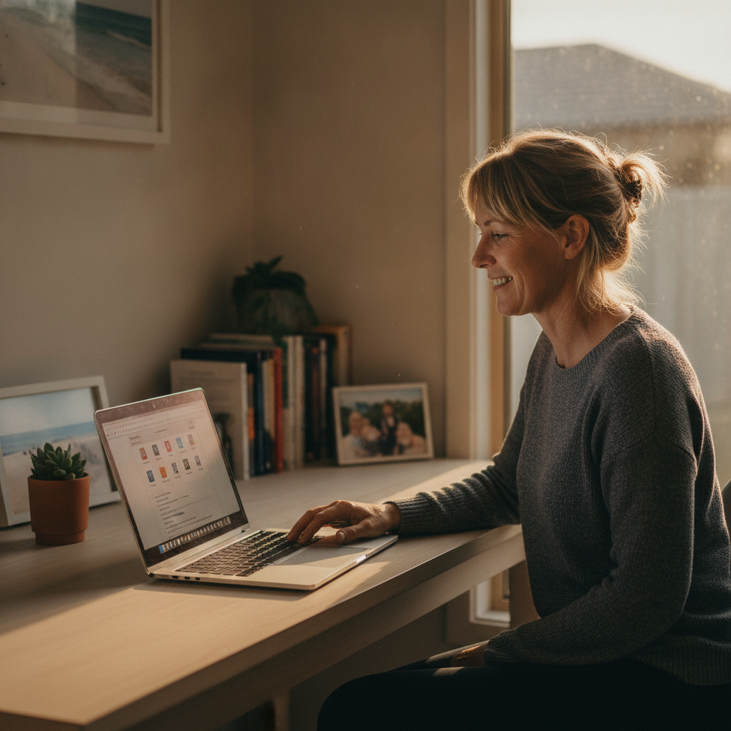 Professional computer clean-out in Waitui (2443) — a happy New South Wales resident at home with a spotless, fast, quiet machine
