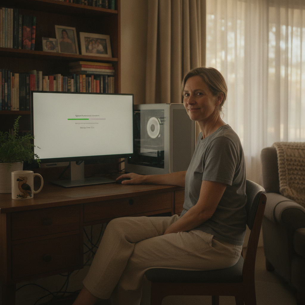 Professional computer clean-out in Wakefield (2278) — a happy New South Wales resident at home with a spotless, fast, quiet machine