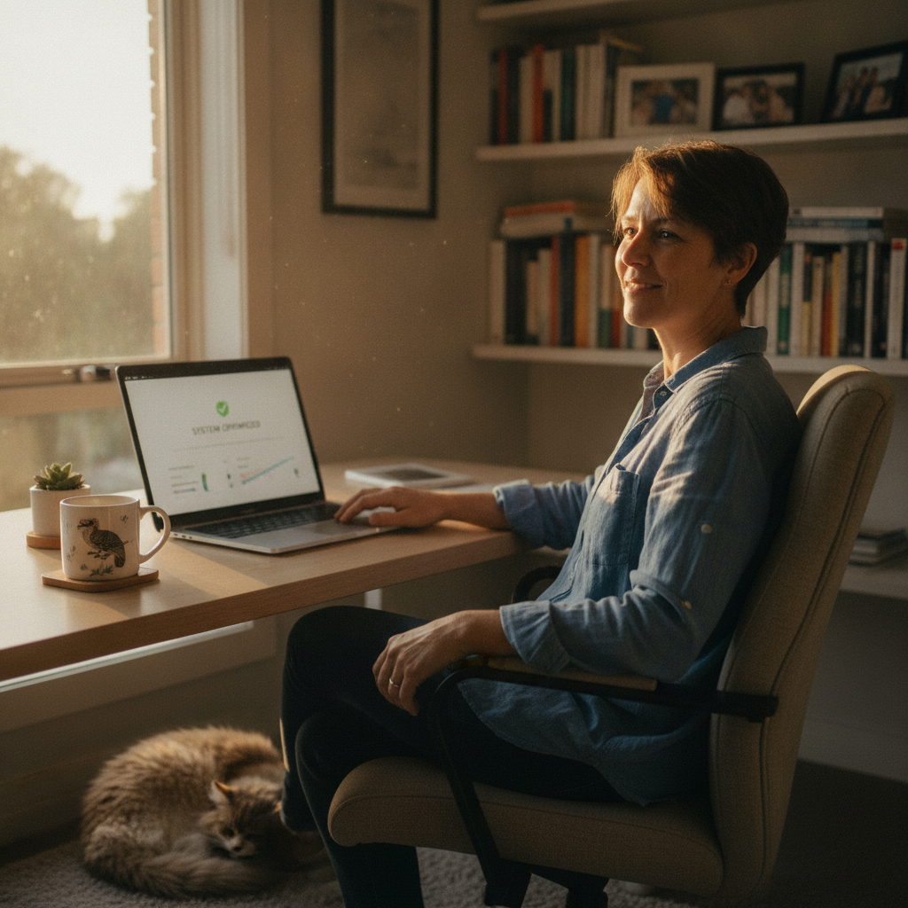 Professional computer clean-out in Wallaroo (2618) — a happy the ACT resident at home with a spotless, fast, quiet machine