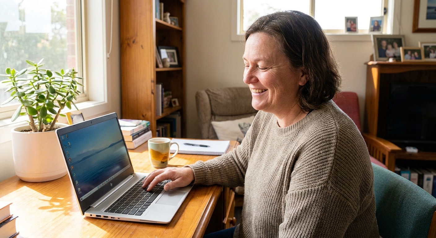 Professional computer clean-out in Wandana Heights (3216) — a happy Victoria resident at home with a spotless, fast, quiet machine