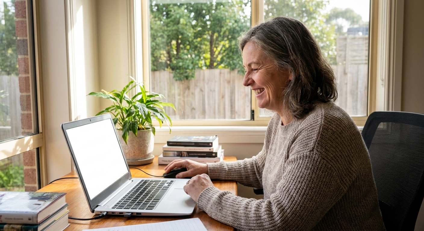 Professional computer clean-out in Wandin East (3139) — a happy Victoria resident at home with a spotless, fast, quiet machine