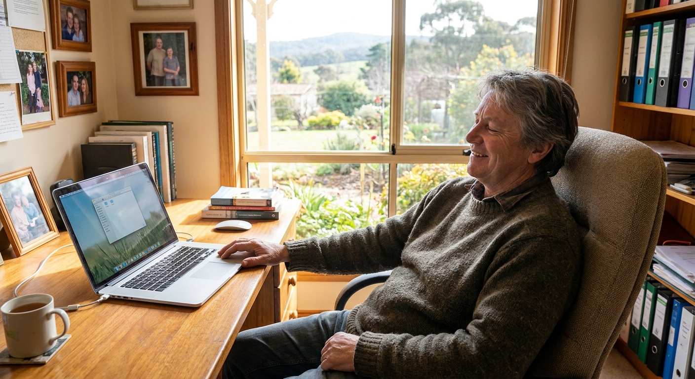 Professional computer clean-out in Wandin North (3139) — a happy Victoria resident at home with a spotless, fast, quiet machine