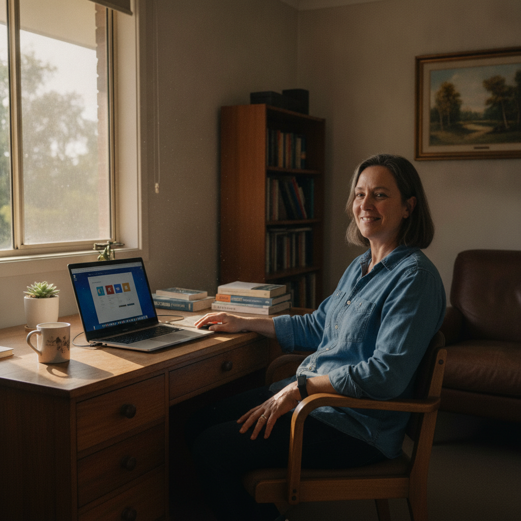 Professional computer clean-out in Wanganui (2482) — a happy New South Wales resident at home with a spotless, fast, quiet machine