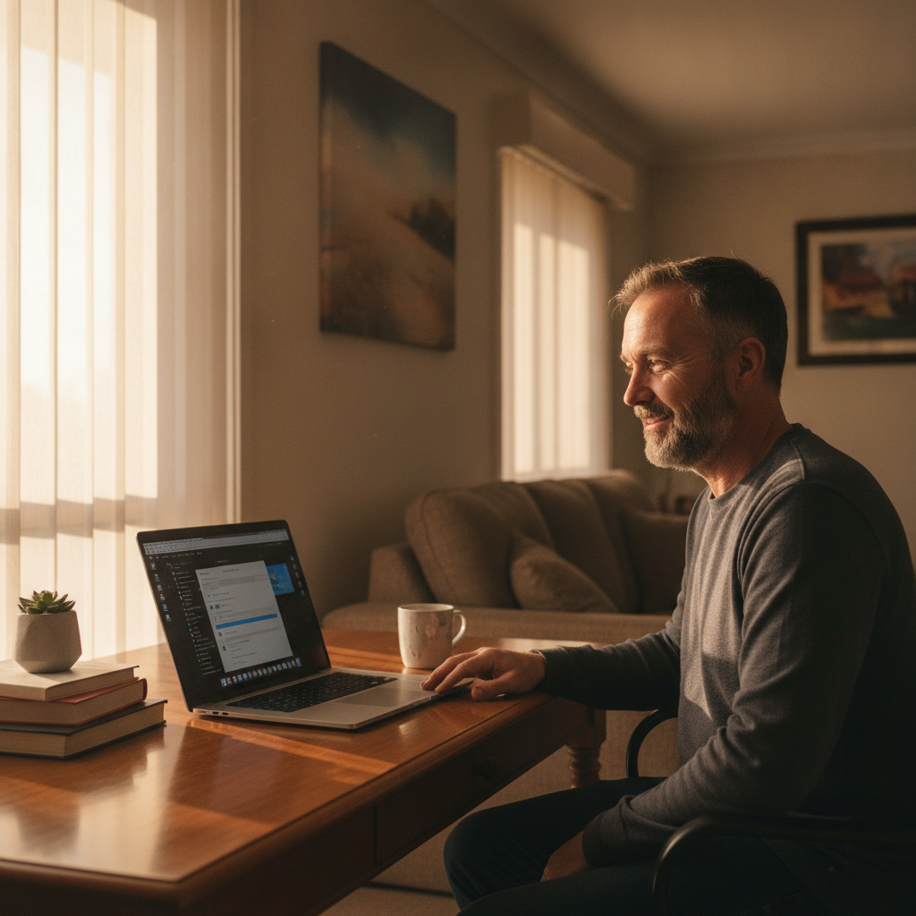 Professional computer clean-out in Warnbro (6169) — a happy Western Australia resident at home with a spotless, fast, quiet machine