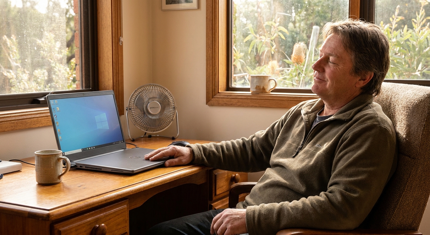 Professional computer clean-out in Warranwood (3134) — a happy Victoria resident at home with a spotless, fast, quiet machine
