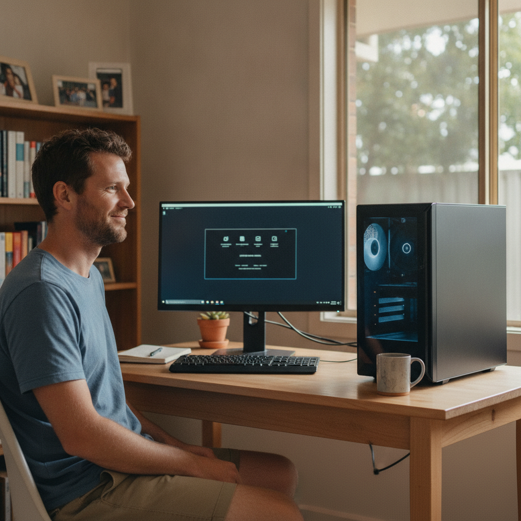 Professional computer clean-out in Warrawong (2502) — a happy New South Wales resident at home with a spotless, fast, quiet machine