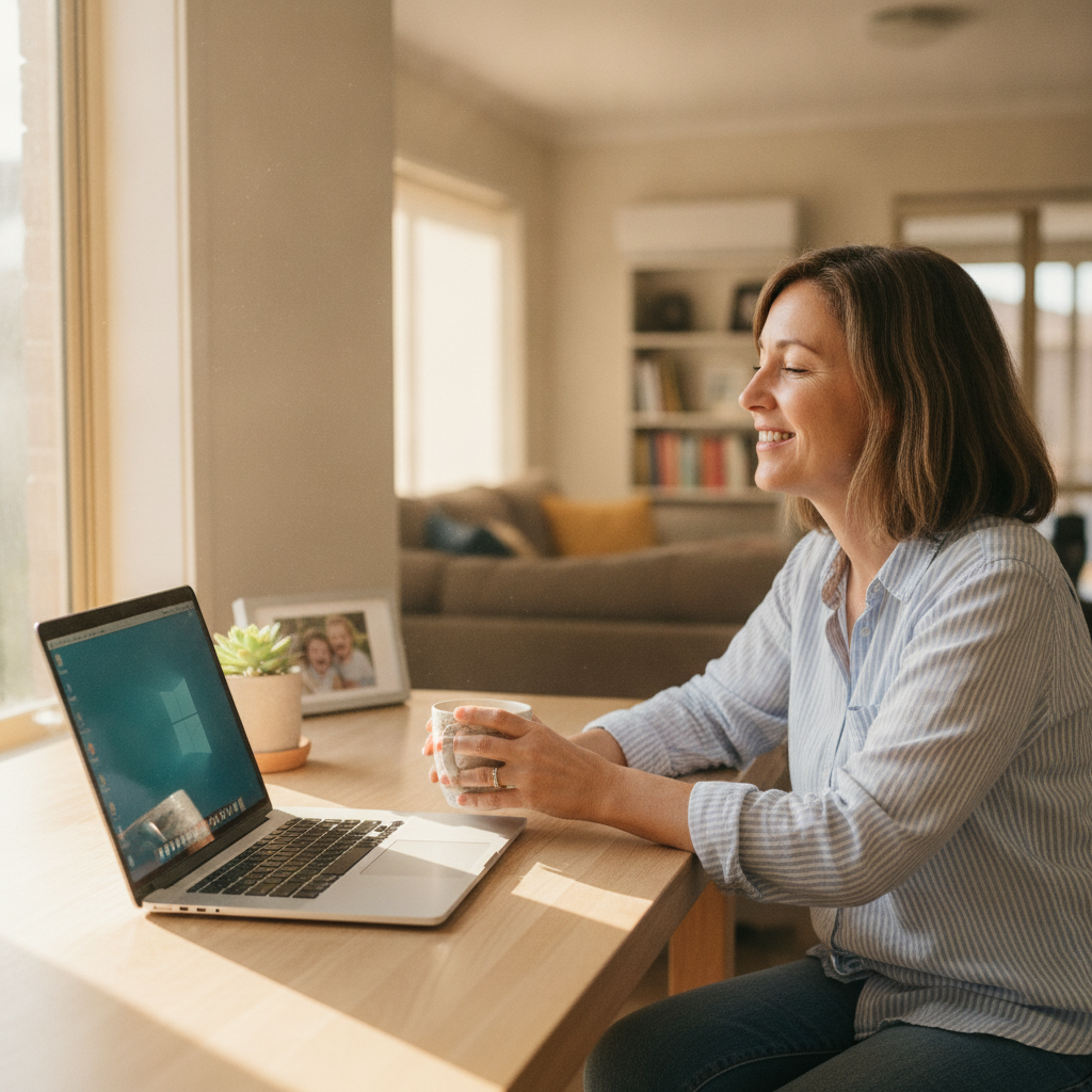 Professional computer clean-out in Warwick Farm (2170) — a happy New South Wales resident at home with a spotless, fast, quiet machine