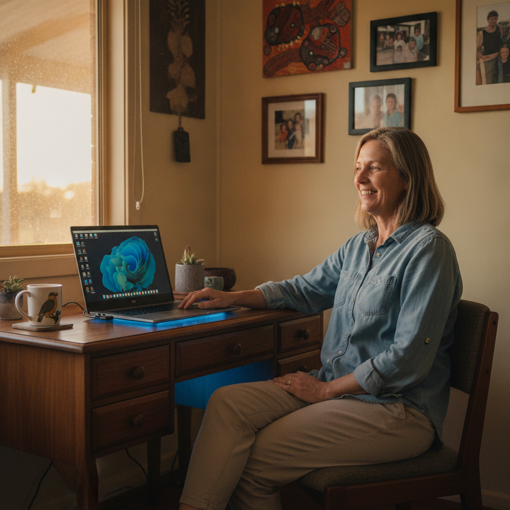 Professional computer clean-out in Weilmoringle (2839) — a happy New South Wales resident at home with a spotless, fast, quiet machine