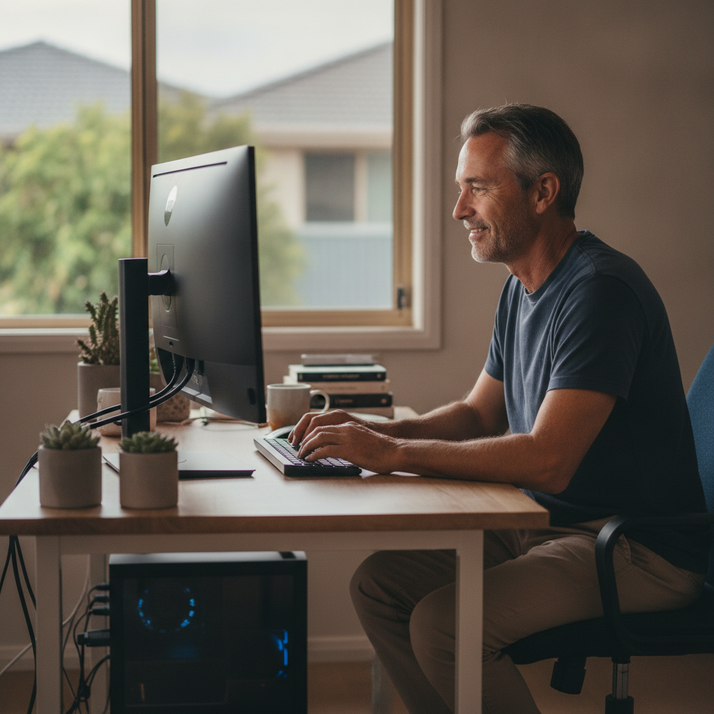 Professional computer clean-out in Wellington Point (4160) — a happy Queensland resident at home with a spotless, fast, quiet machine