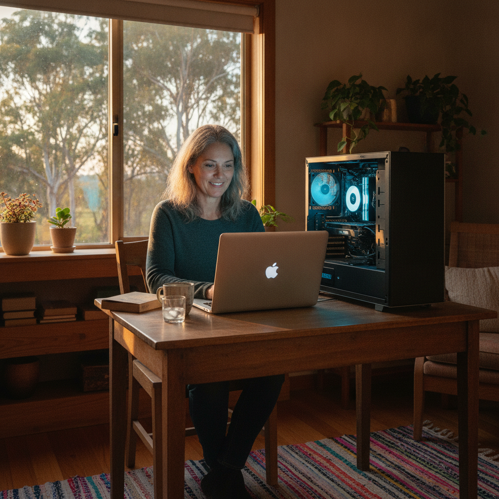 Professional computer clean-out in Wellington Vale (2371) — a happy New South Wales resident at home with a spotless, fast, quiet machine