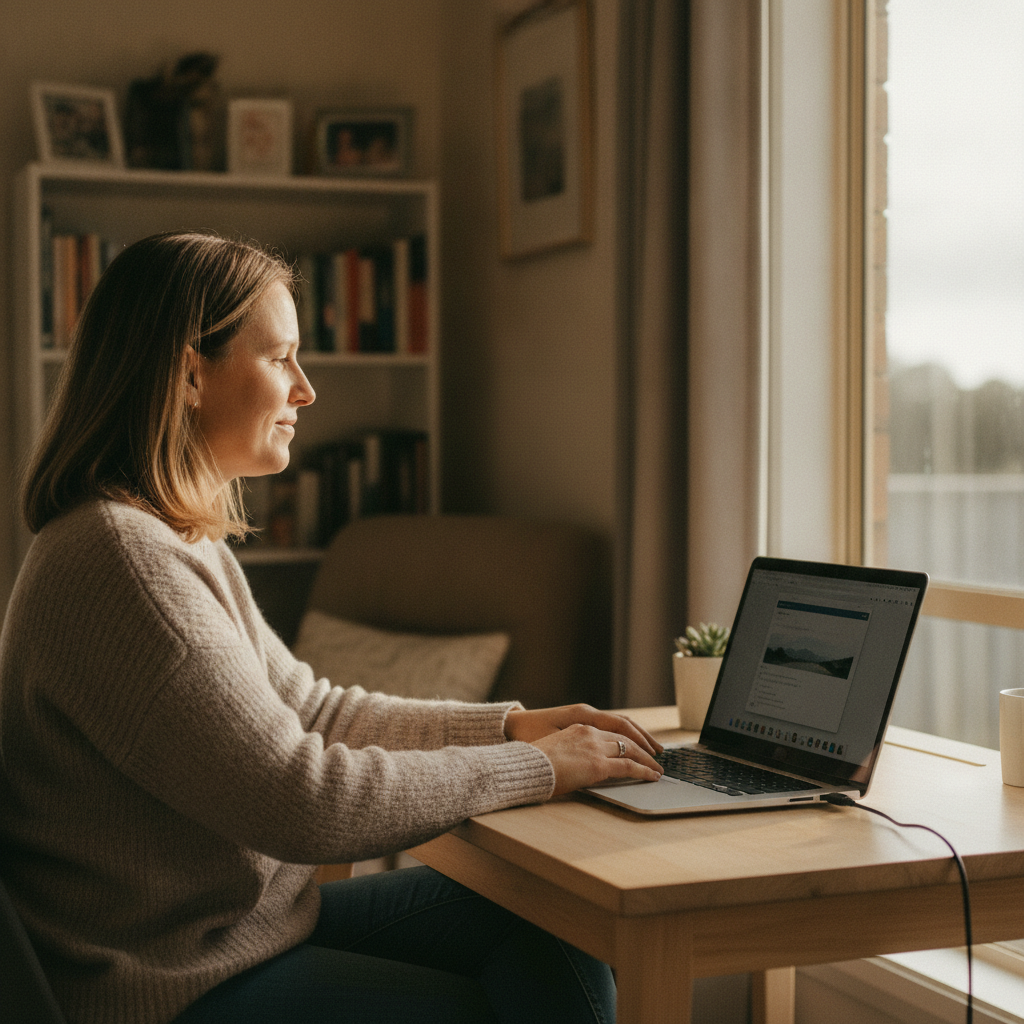 Professional computer clean-out in Wesley Vale (7307) — a happy Tasmania resident at home with a spotless, fast, quiet machine