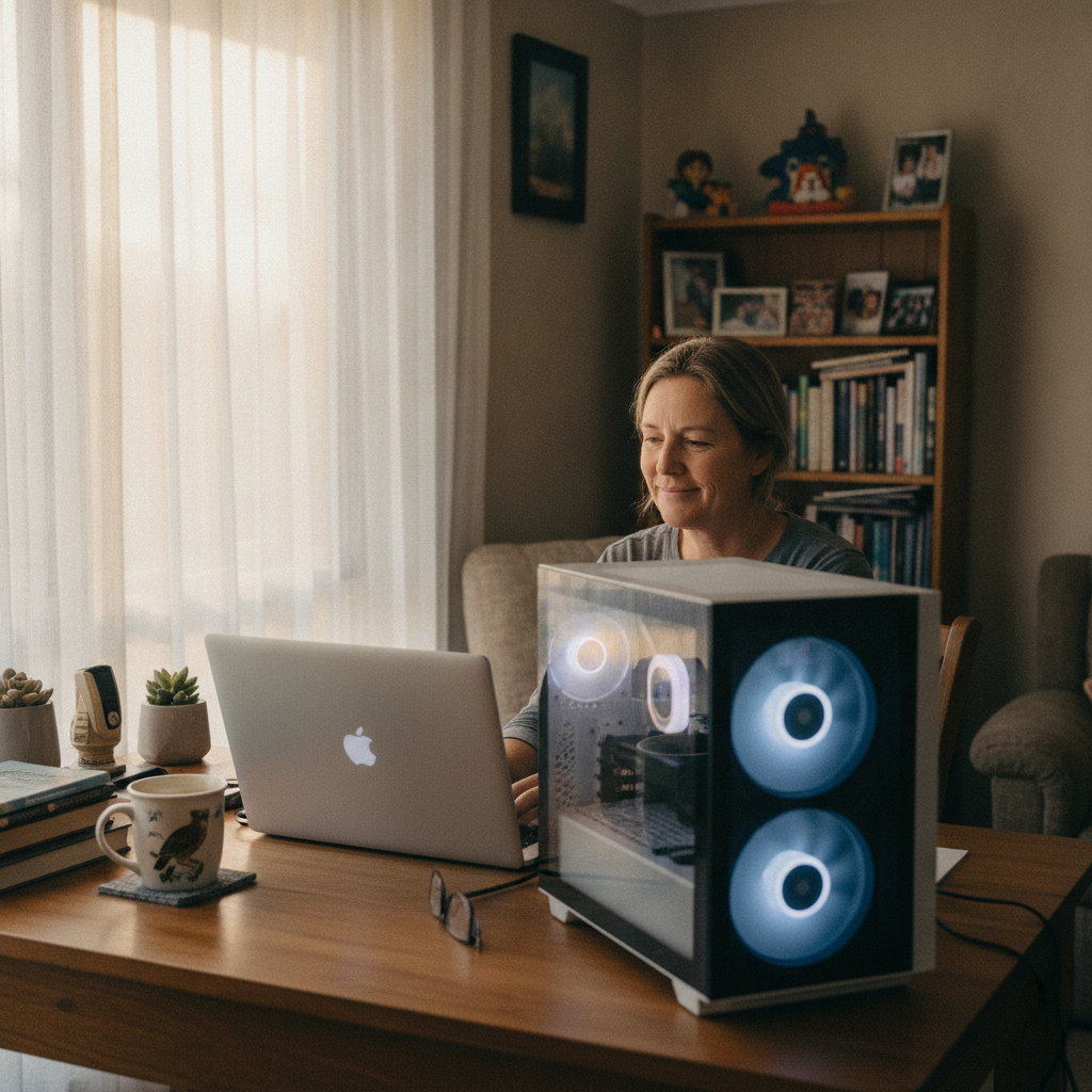 Professional computer clean-out in West Beach (5024) — a happy South Australia resident at home with a spotless, fast, quiet machine