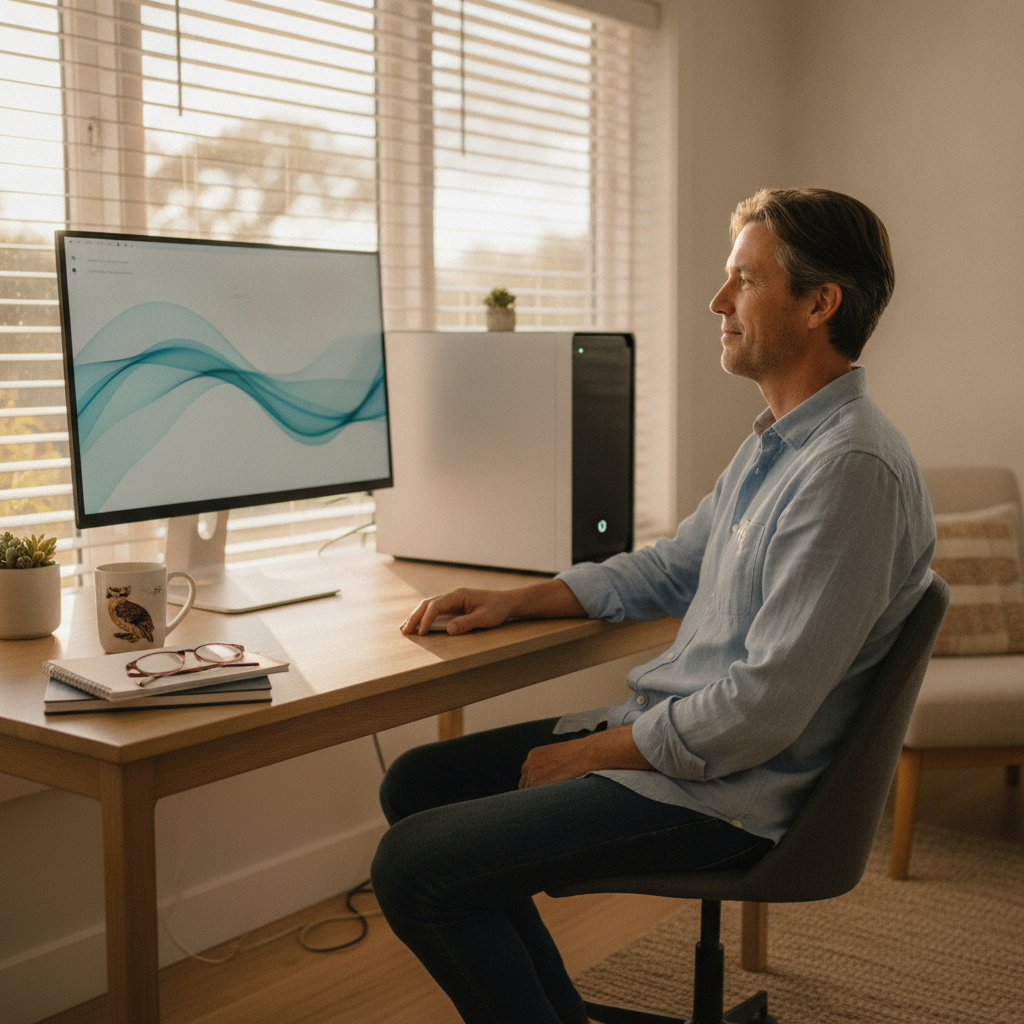 Professional computer clean-out in West Perth (6005) — a happy Western Australia resident at home with a spotless, fast, quiet machine