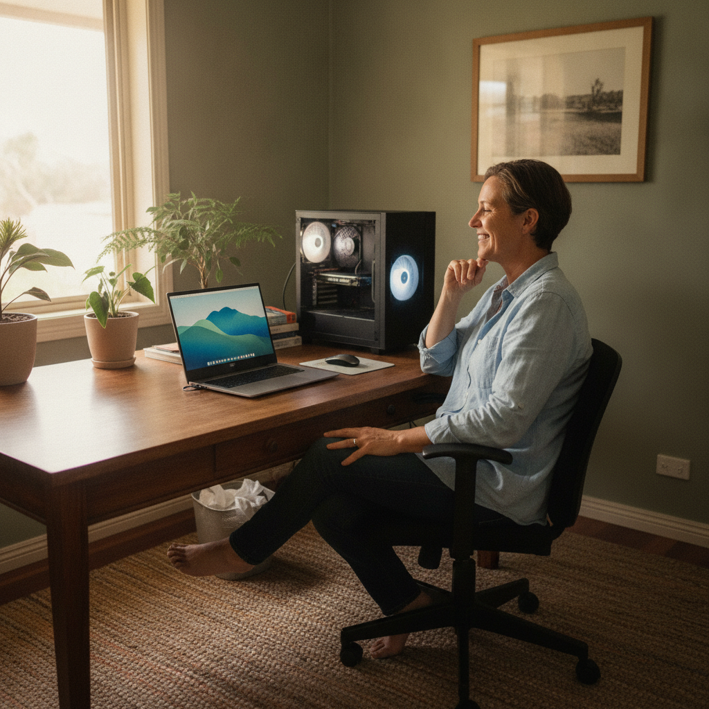 Professional computer clean-out in West Wyalong (2671) — a happy New South Wales resident at home with a spotless, fast, quiet machine