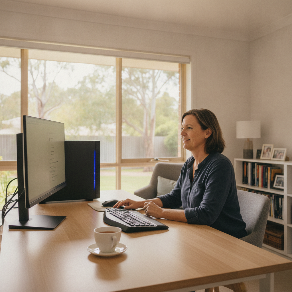 Professional computer clean-out in Westlake (4074) — a happy Queensland resident at home with a spotless, fast, quiet machine