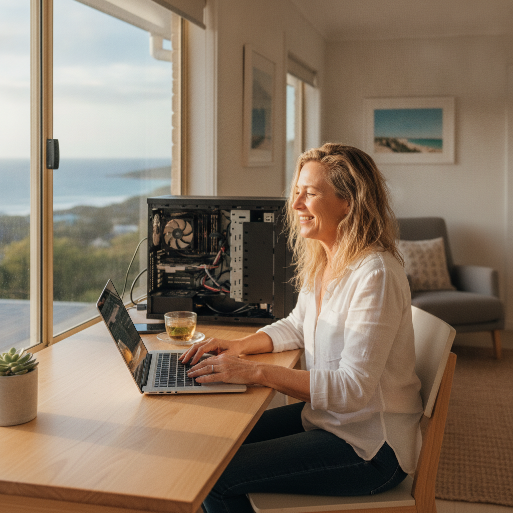 Professional computer clean-out in Whale Beach (2107) — a happy New South Wales resident at home with a spotless, fast, quiet machine