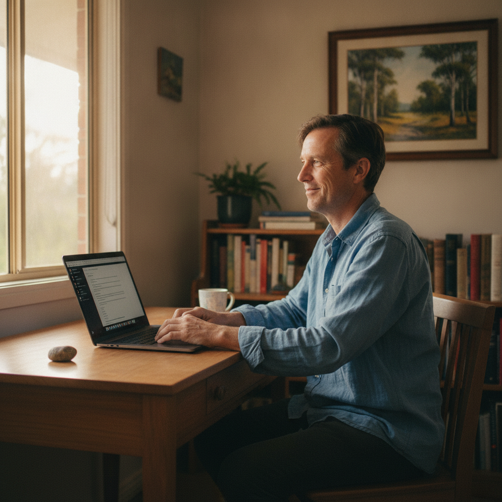 Professional computer clean-out in Wheeny Creek (2758) — a happy New South Wales resident at home with a spotless, fast, quiet machine