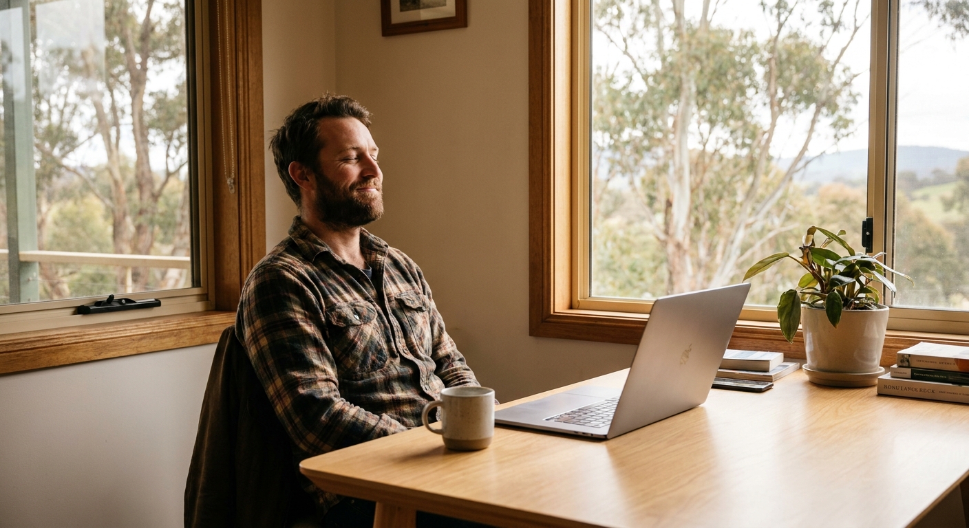 Professional computer clean-out in Wildwood (3429) — a happy Victoria resident at home with a spotless, fast, quiet machine