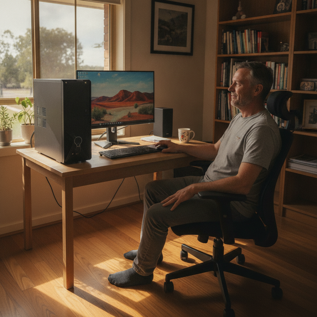 Professional computer clean-out in Willaston (5118) — a happy South Australia resident at home with a spotless, fast, quiet machine