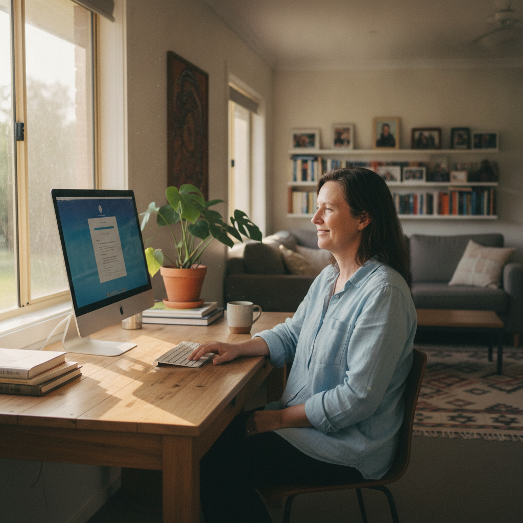 Professional computer clean-out in Willyung (6330) — a happy Western Australia resident at home with a spotless, fast, quiet machine