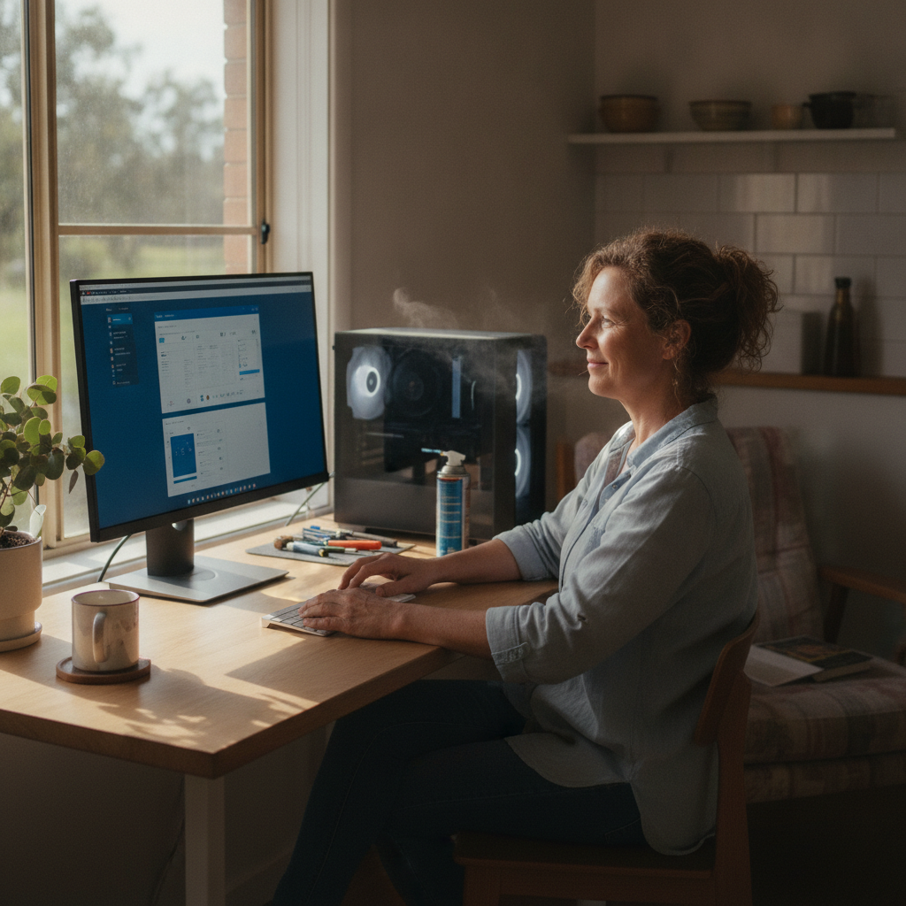 Professional computer clean-out in Windera (2800) — a happy New South Wales resident at home with a spotless, fast, quiet machine